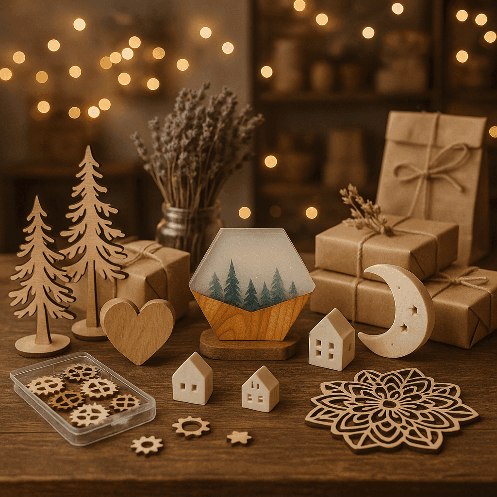 Handgemachte Dekoration mit kleinen Holzfiguren, Geschenkboxen und winterlicher Szenerie – liebevoll arrangiert für eine gemütliche und kreative Stimmung.