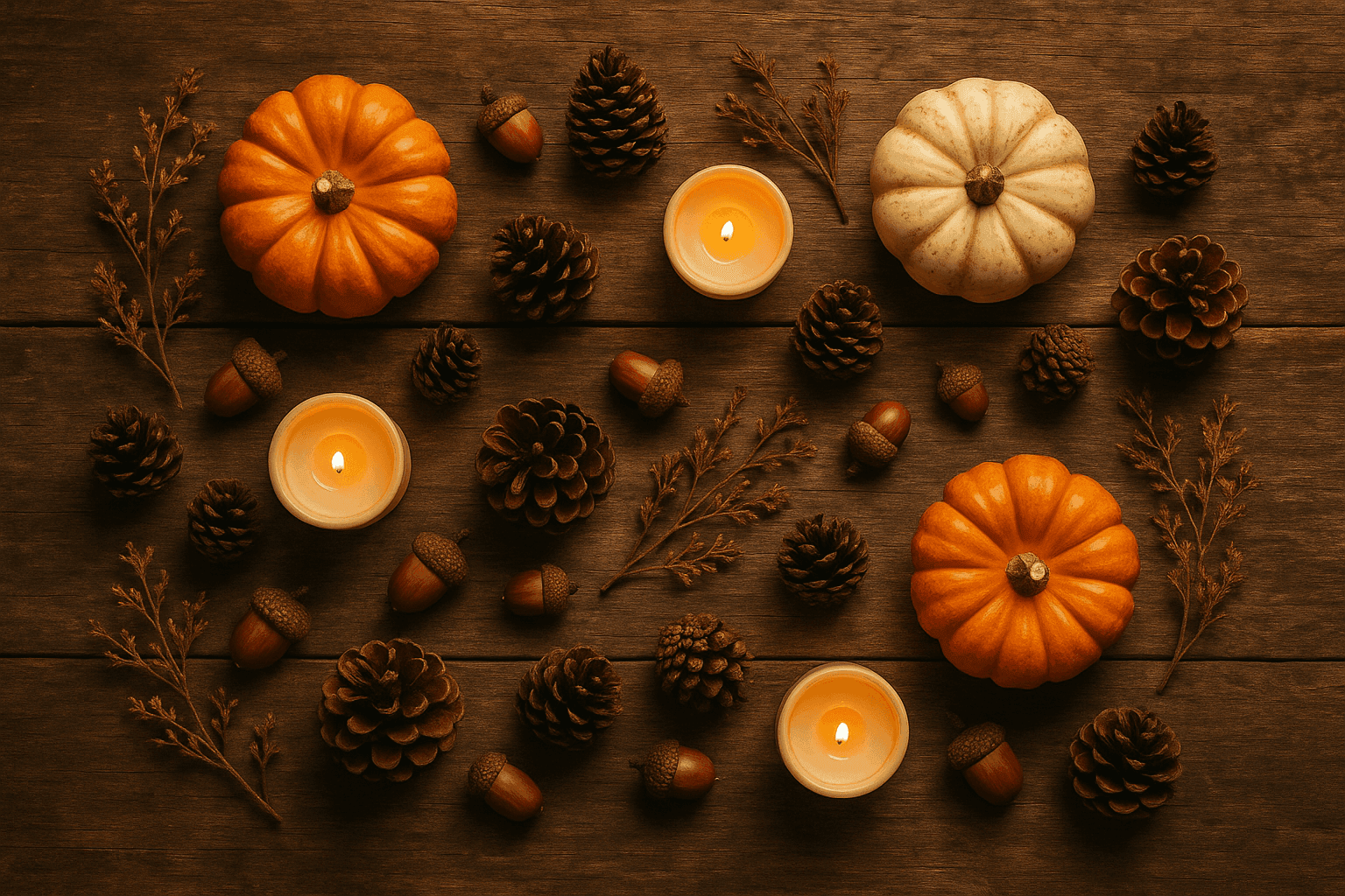 Herbstliche und winterliche Deko auf Holzuntergrund mit Kürbissen, Zapfen, Kerzen und Trockenblumen, stimmungsvolle Boho-Fotografie in warmem Licht.