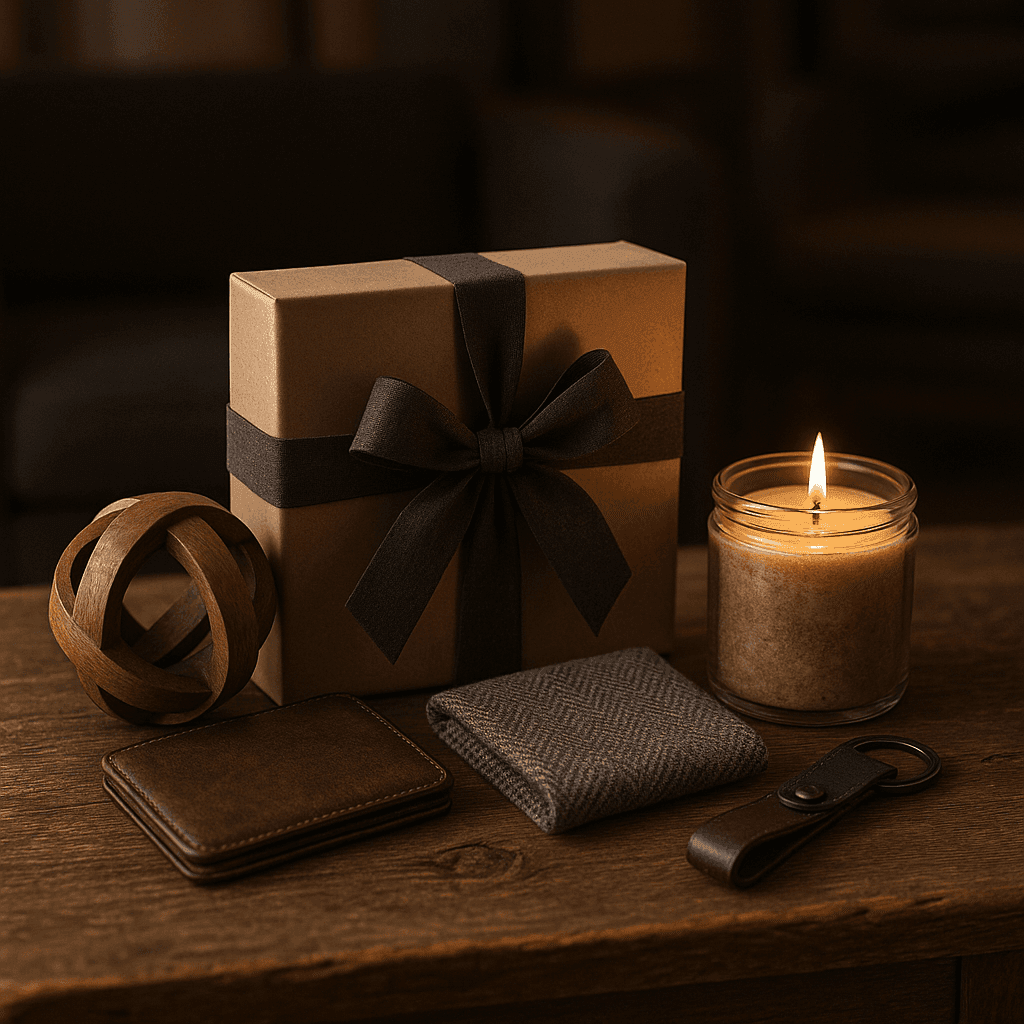 Stilvolles Geschenkset für Männer mit handgemachter Deko, Kerze im Glas und rustikalen Accessoires auf Holztisch – originelle Geschenkideen bei Zauberwerk