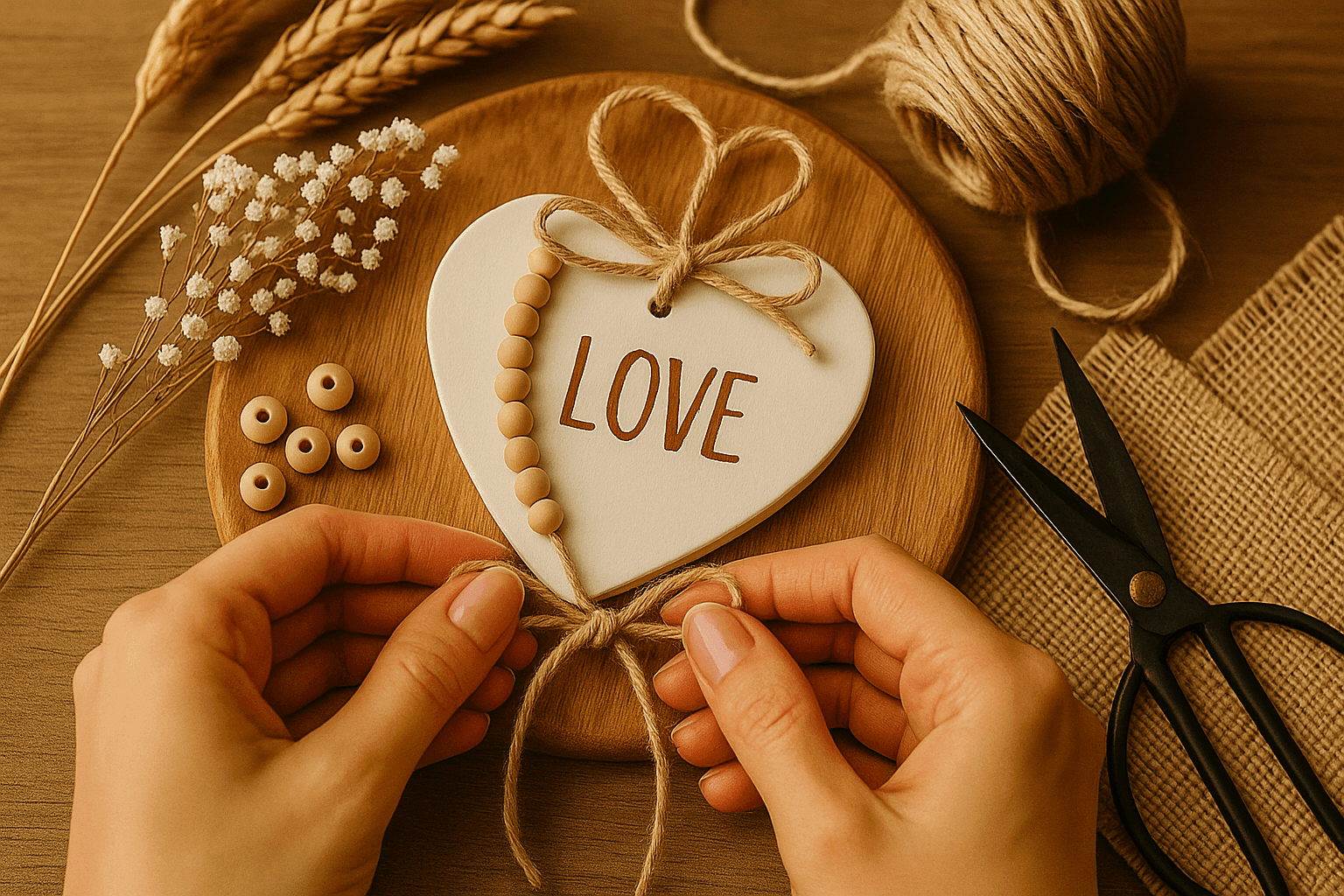 Handgemachtes Herz aus Holz mit Aufschrift LOVE, dekoriert mit Holzperlen und Naturmaterialien – kreative Bastelarbeit für romantische Dekoration.