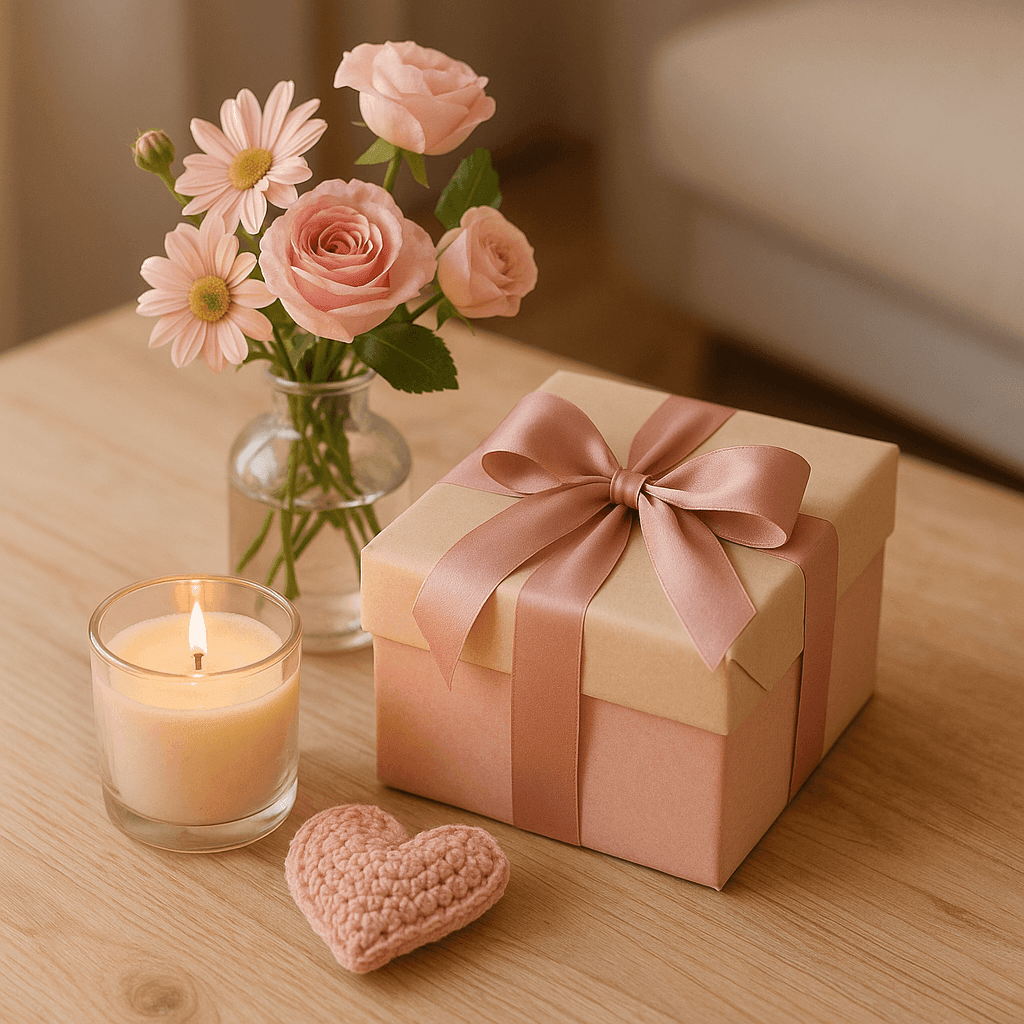  Geschenkset für Frauen mit handgemachter Dekoration, Kerze im Glas, Blumen und hübsch verpacktem Geschenk auf Holztisch – kreative Geschenkideen bei Zauberwerk