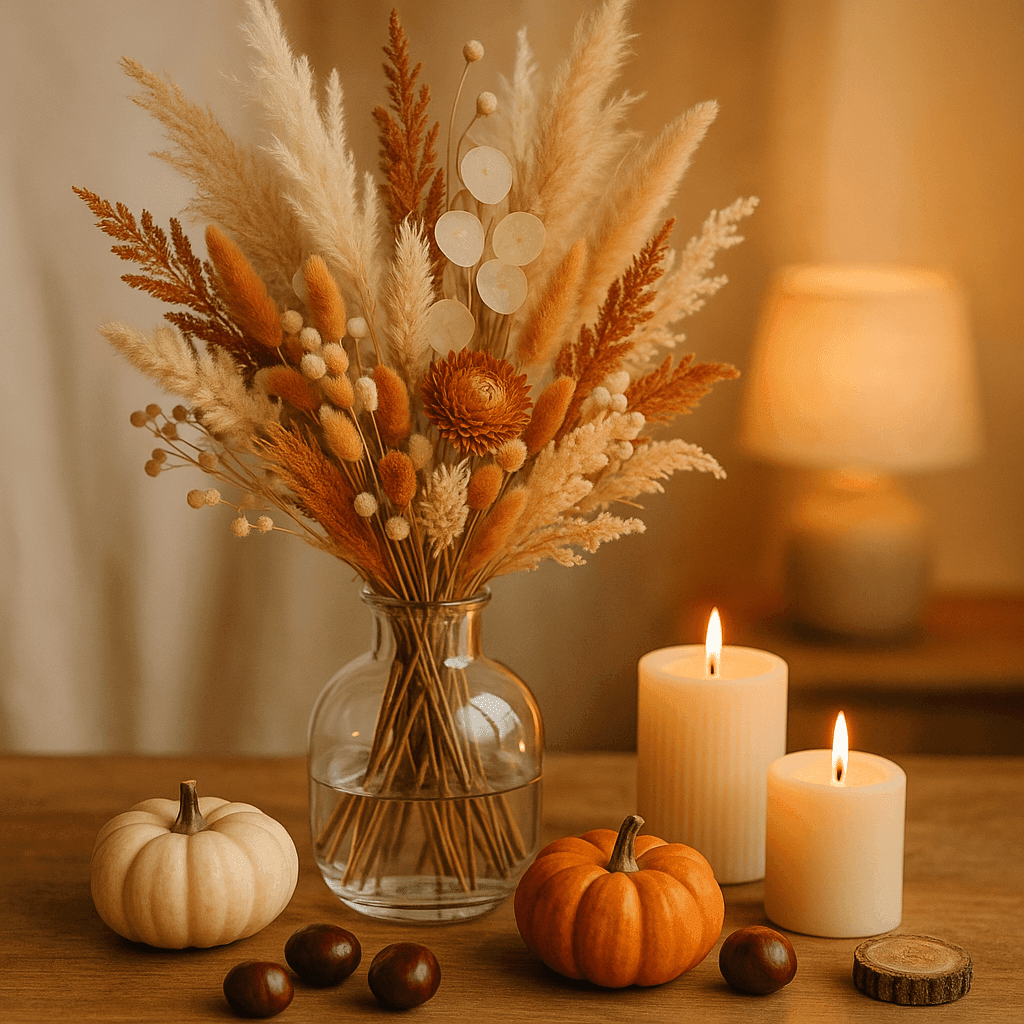 Natürliche Trockenblumen in Vasen mit Kerzen und herbstlicher Deko – Inspiration für gemütliche Herbstdekoration mit Stil.