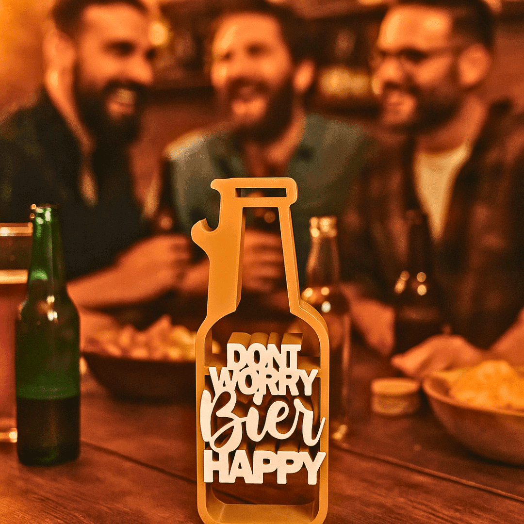 Rustikaler Flaschenöffner aus Holz mit dem Spruch „Don’t worry, Bier happy“ – die perfekte Geschenkidee für Männer mit Humor und Geschmack. Ideal als Deko oder praktisches Männergeschenk.