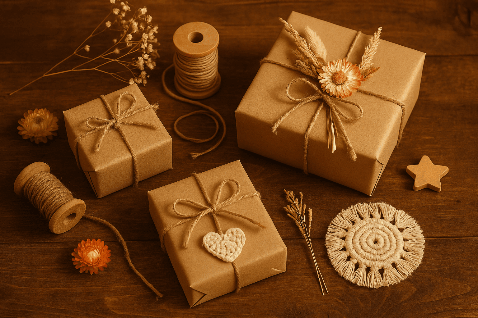 Liebevoll zusammengestellte Geschenkboxen mit Garn, Trockenblumen und handgemachter Deko auf Holztisch, warm beleuchtet im Boho-Stil.