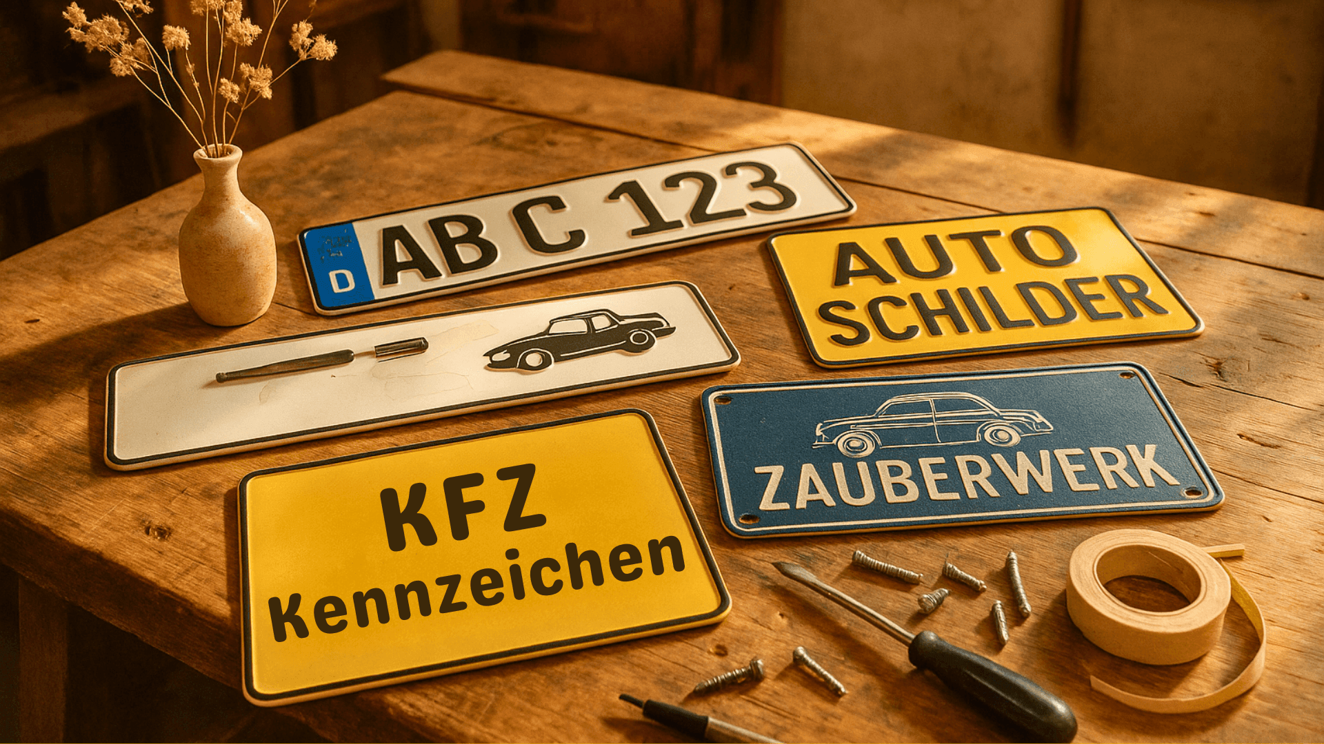 Dekorative KFZ-Kennzeichen und Autoschilder auf einem Holztisch, kombiniert mit Werkzeug und Trockenblumen, kreative Präsentation für die Zauberwerk Kollektion KFZ-Kennzeichen & Autoschilder.