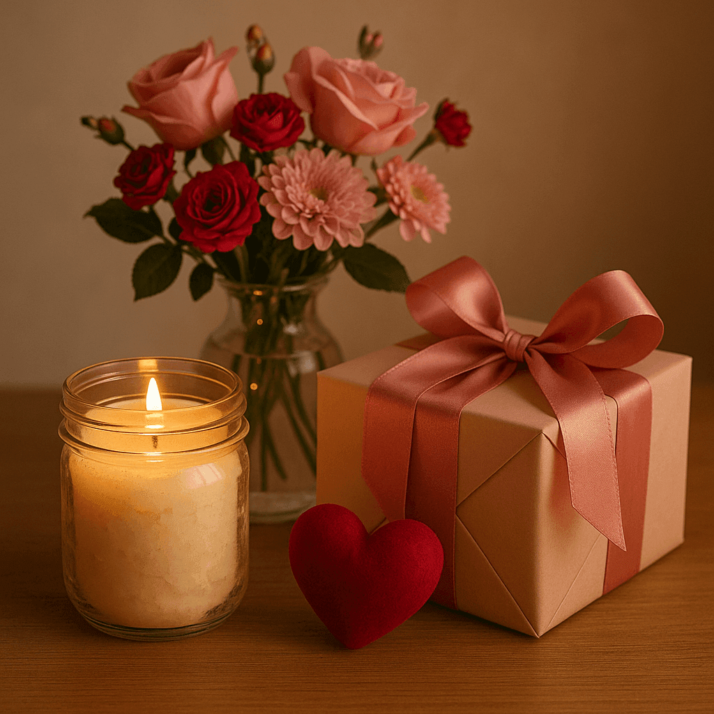 Romantisches Geschenkset für die Freundin mit Kerze im Glas, Herzdeko, Blumen und liebevoll verpacktem Geschenk – persönliche Geschenkideen bei Zauberwerk.