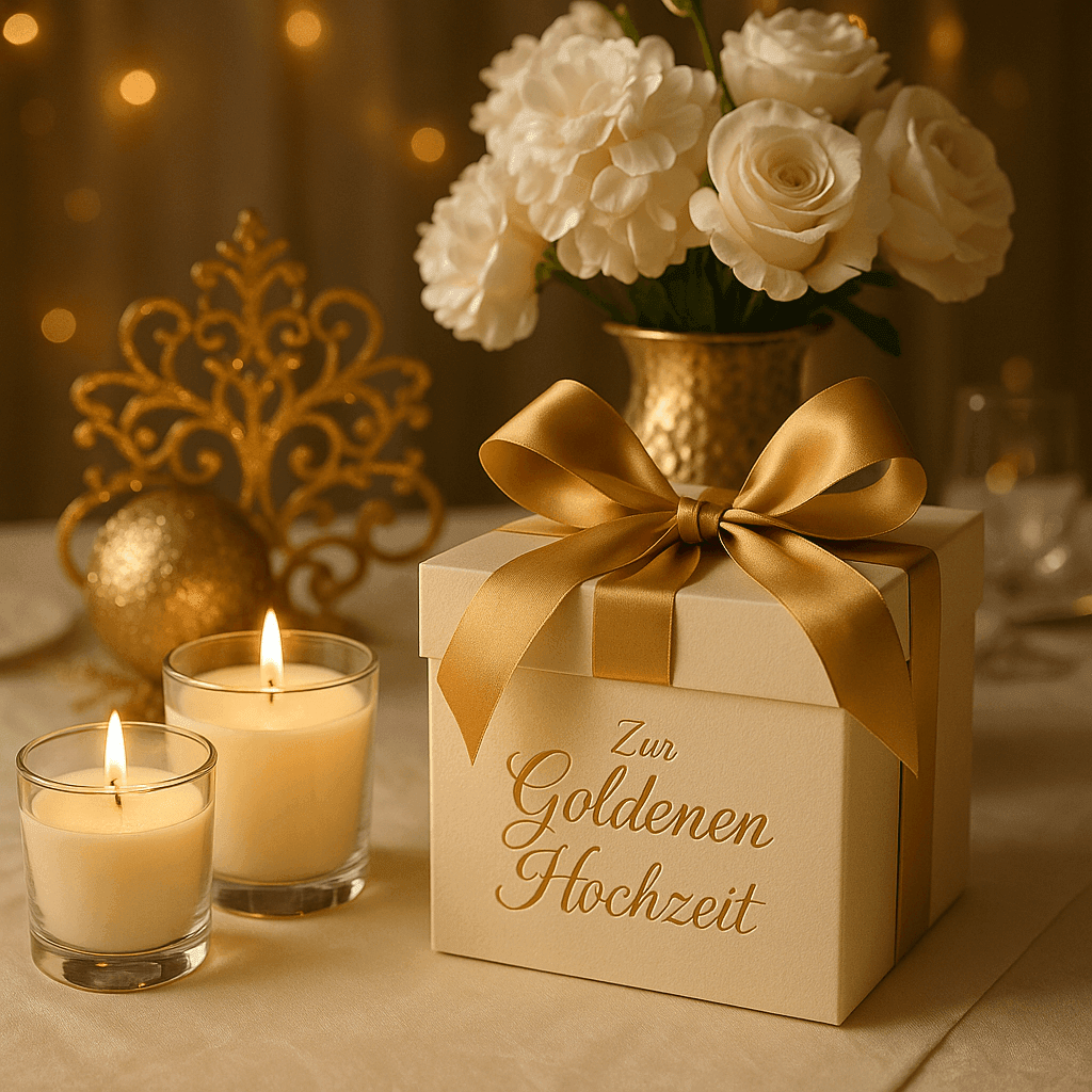 Elegantes Geschenkset zur Goldenen Hochzeit mit goldener Dekoration, Kerzen, weißen Blumen und Geschenk mit goldener Schleife – kreative Geschenkideen bei Zauberwerk